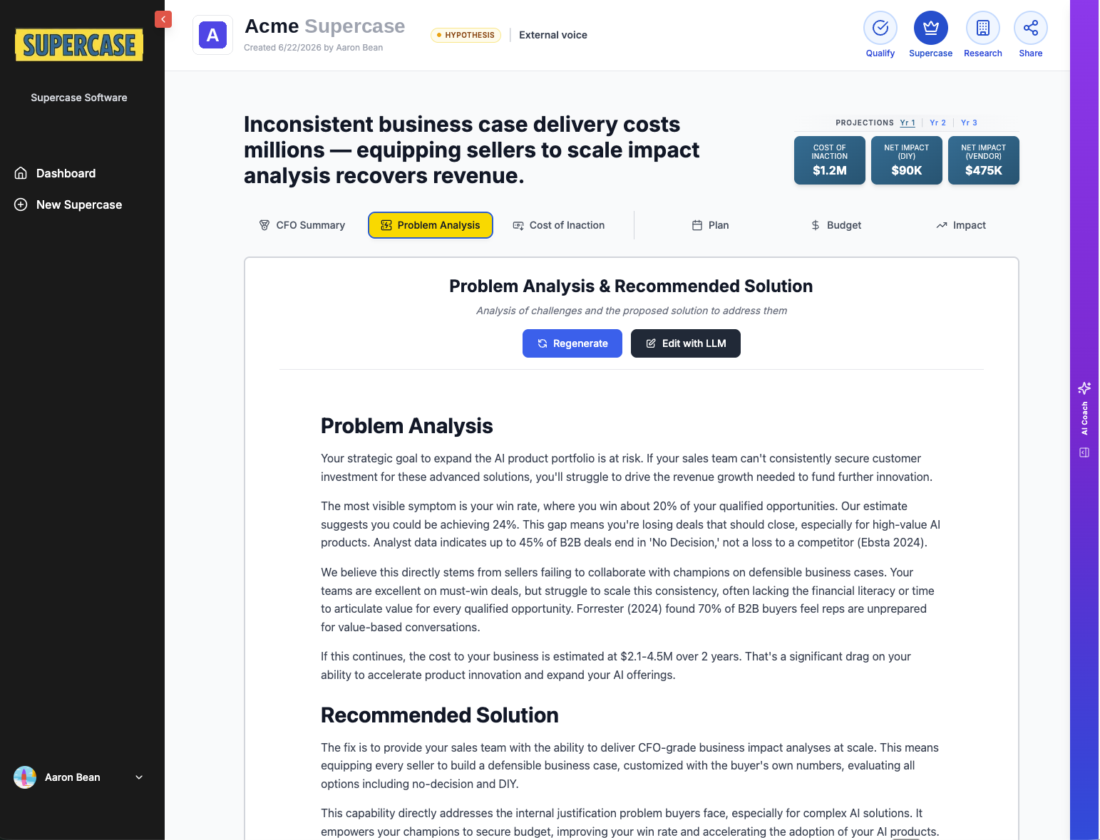 A Supercase business case in the app: problem analysis with cost of inaction and year-one financial projections built on the buyer’s numbers