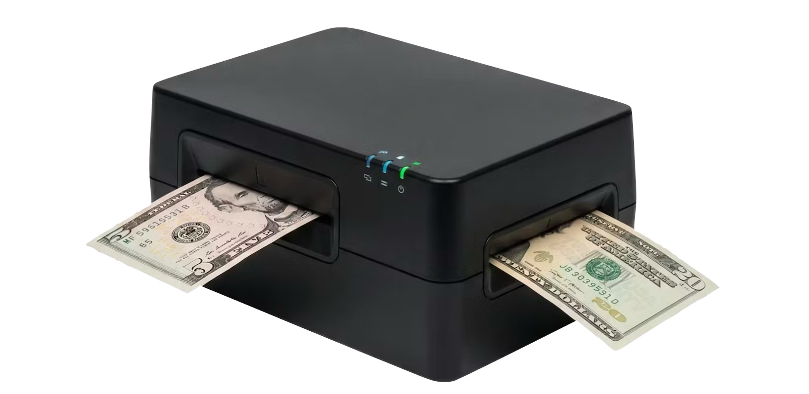A black machine that looks like a money printer, with a $5 bill going in one side and a $20 bill coming out the other